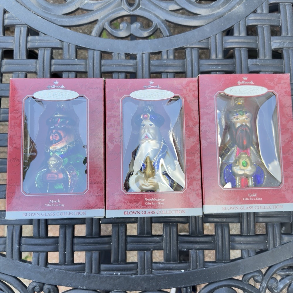 Vtg 90s Hallmark Three Wise Men Ornament Blown Glass Gold Frankincense Myrrh Set